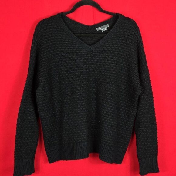 Vince Textured V-Neck Sweater Black Merino Wool Alpaca Camel Blend Size Medium - Picture 2 of 7